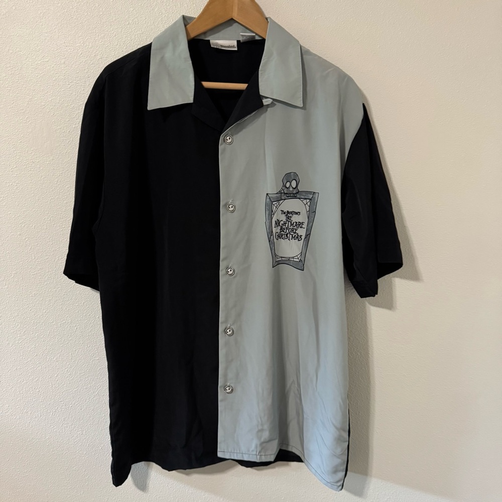Disney Park Nightmare Before Christmas Embroidered Bowling Shirt Black Gray-L